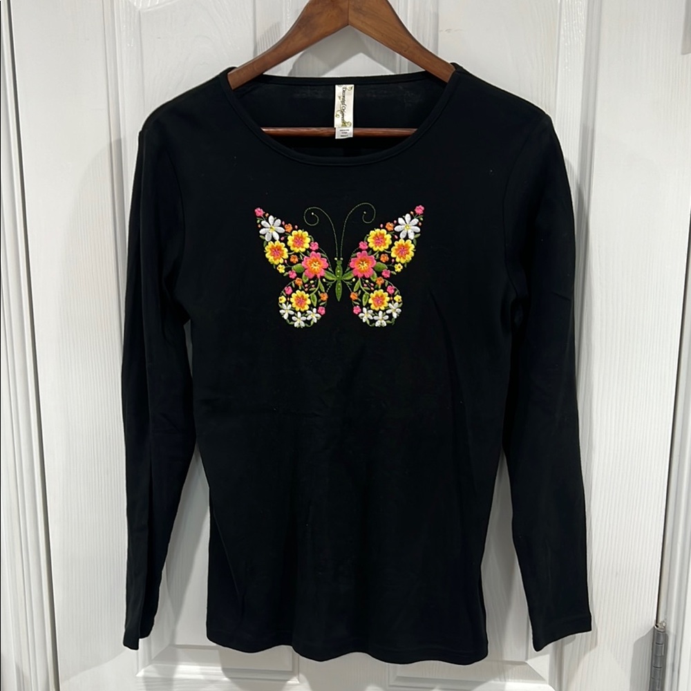 Floral Butterfly Black Long Sleeve Top